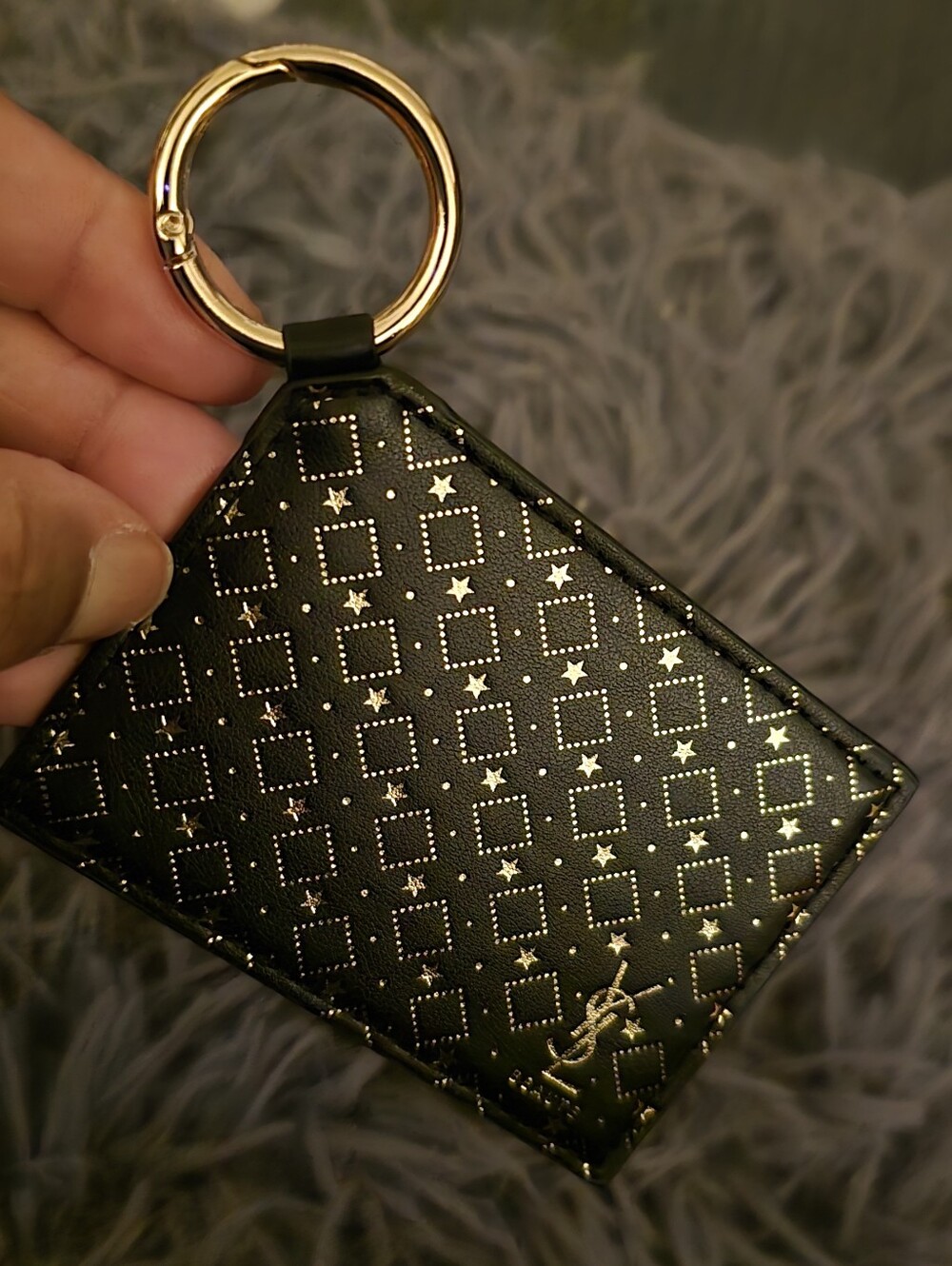 Yves Saint Laurent Black & Gold Quilted Key Ring with Mirror